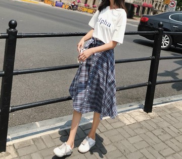 FINDSENSE H1 2018 夏季 新款 學院風 字母T恤上衣 不規則繫帶格子裙  時尚兩件套  休閒潮流 女裙子