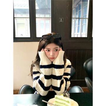 溫柔風條紋毛衣開衫女秋冬2025新款松弛感慵懶軟糯針織衫短款外套
