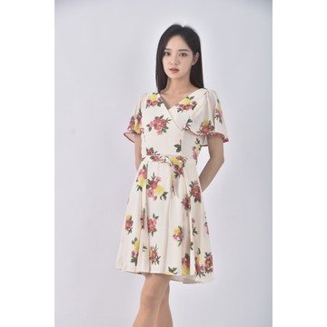 (S) superemelala質感花紋杏色綁帶洋裝二手衣