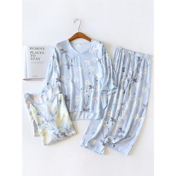 新款復古國風棉綢睡衣女夏薄款套頭貢緞人棉短袖七分褲家居服套裝