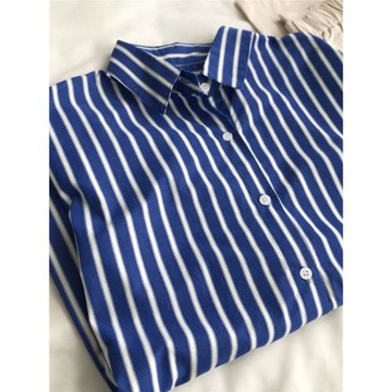 早秋通勤 腔調質感藍色條紋襯衫polo韓版百搭休閑長袖襯衣開衫新
