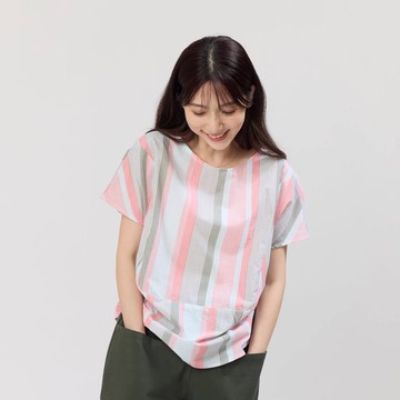 Debbie 方型小蓋袖拼接棉質直條上衣/綠粉條