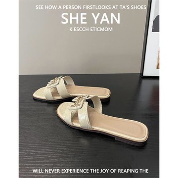 羊皮版~露趾平底時尚一字拖女款2025新款百搭金屬扣一腳蹬涼拖鞋