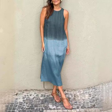 亞馬遜2024跨境女裝歐美夏季女式休閑棉麻無袖開衩漸變連衣裙