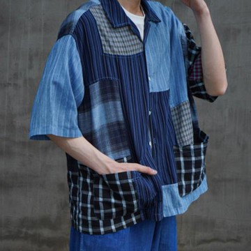 市井藍染古法百家布拼接短袖藍染
