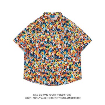 小古萬vintage碎花滿印短袖襯衫男女夏季潮牌寬松bf旅游度假襯衣