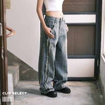 西林 CLIN｜選物｜水洗做舊毛邊牛仔長褲 / C-0055 中性 復古 寬鬆 日系 寬褲 新品 落地感 工作褲  闊腿