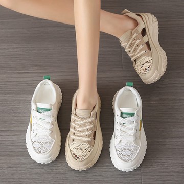 休閒鞋．日系緹花皮革簍空繫帶厚底包鞋．白鳥麗子