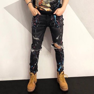 兜巴星夏季薄款破洞牛仔褲男潮牌修身小腳歐美高街潑墨流行乞丐褲