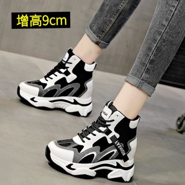 超厚底老爹鞋女款2025新款高幫內增高女鞋秋冬款加絨運動鞋女炸街