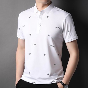 夏季新款桑蠶絲男翻領短袖棉t恤商務休閑polo衫男裝純色寬松半袖