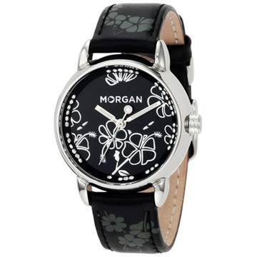 MORGAN 花樣晶鑽時尚腕錶-銀框x黑32mm