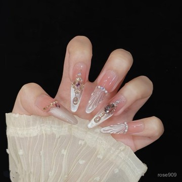 ➕最新設計款穿戴甲💅【粉色海洋】純手工穿戴甲貓眼長尖鋯石鑽爆閃高級顯白純手作美甲細狗長尖穿戴甲 Q2YE