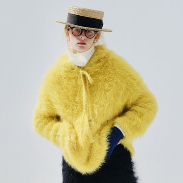 黃色重磅連帽暖毛衣 / 仿貂毛 柔軟 保暖