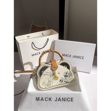 MackJanice新國風復古熊貓刺繡手提包女2024夏季新款單肩手提包包