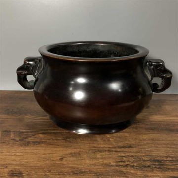 老件純紫銅玩林款高11*26*17公分5.3公斤吉祥如意象耳香爐擺件