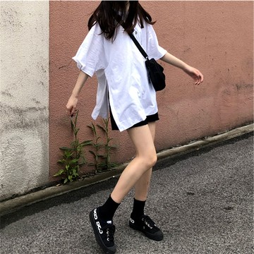 T恤女夏裝ins超火cec開叉短袖半袖體恤韓版慵懶風學生寬松上衣服