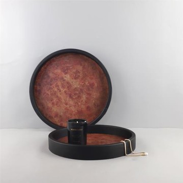 北歐創意木質皮革木紋圓形香薰裝飾托盤客廳臥室梳妝臺家居裝飾品