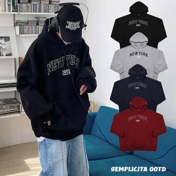 【SEMPLICITA】厚磅 紐約 刺繡 刷毛 帽踢 寬版 落肩 男女皆可 純棉 男女皆可