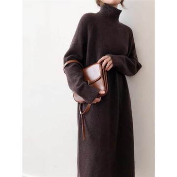 秋冬羊絨衫女高領中長款毛衣純色連衣裙寬松套頭羊毛針織打底衫