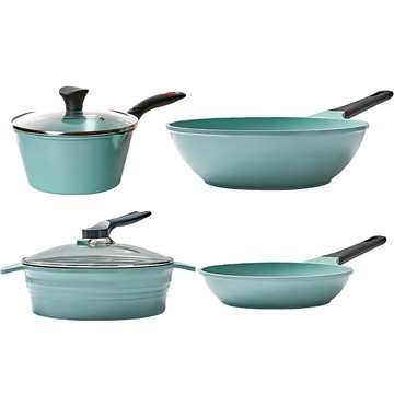 COOKFIT 電磁爐適用陶瓷塗層鍋具4件組 Magic Platina  平底鍋 24cm+單柄鍋 18cm+雙耳鍋 24cm+深炒鍋 30cm  綠色  1組