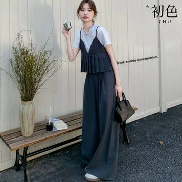 初色 港風純色圓領短袖T恤上衣女上衣+褶皺吊帶背心女背心+素色寬褲長褲套裝-灰色-50217(M-XL可選)