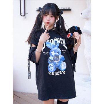 日單穿搭兔量產暗黑哥特原宿風甜酷少女可愛大碼短袖長T恤