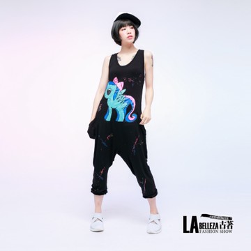 古著 粉藍小馬彩色潑漆背扭結黑色連身吊帶褲