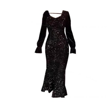 200斤外貿特大碼女裝速賣通亞馬遜歐美風亮片絲絨禮服連衣裙魚尾