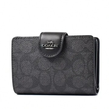 COACH 立體馬車緹花LOGO防刮釦式中夾-黑灰