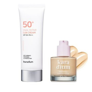 【Karadium】韓國原裝SPF50+PA+++蝸牛修護防曬霜+三重功效遮瑕粉底液 清爽控油防曬粉底組