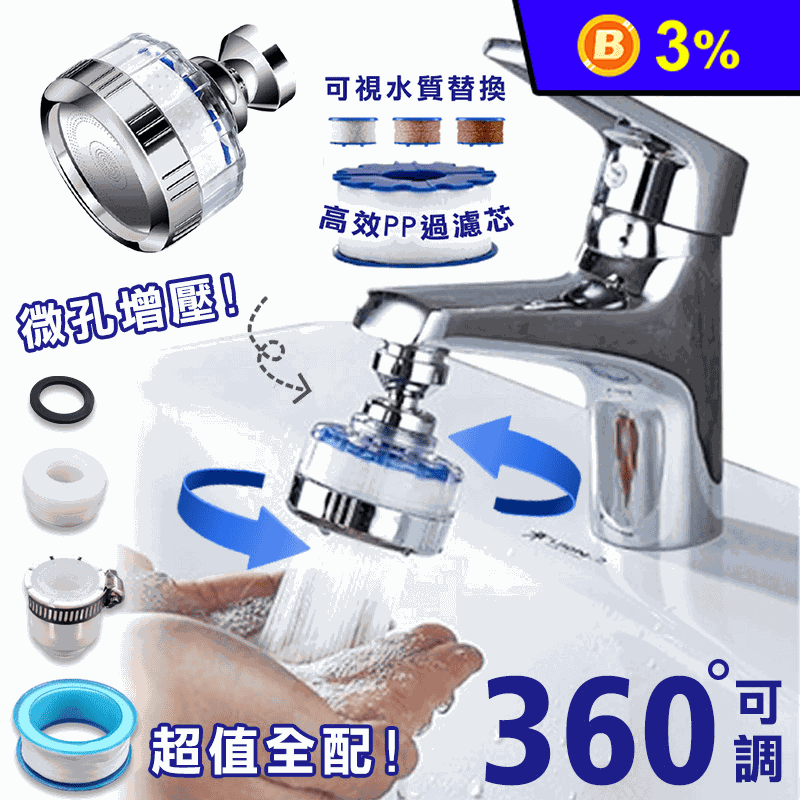 360度增壓水龍頭過濾器(PP濾芯4入)(省水/增/過濾/PP濾芯)推薦| 生活市