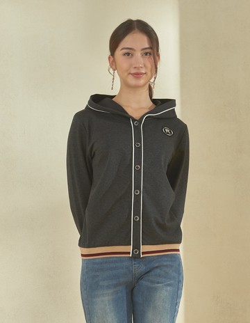 ★【喜芝梅】俐落視線 線條色邊現代感圓形標章拉鍊夾克(灰色；M-2L) 224470853