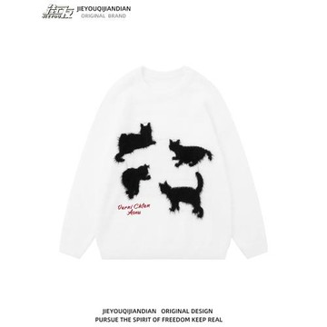 vintage軟糯寬松線衣小眾百搭設計感針織衫貓咪毛衣男女長袖上衣