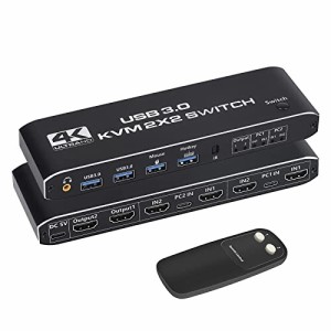 HDMI KVMスイッチ 2x2 切替器 KVMイッチ 2入力2出力 HDMI USB 3.0 4K 60Hz USB KVMポート 2台のモニターで2台のパソコンを共有 ワイヤ