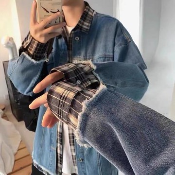 拼接連帽牛仔外套男春秋季國潮機能bf風潮流寬松休閑情侶工裝夾克