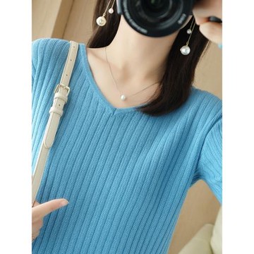 不起球純棉毛衣女秋季加厚款V領打底衫內搭針織衫全棉線寬松大碼