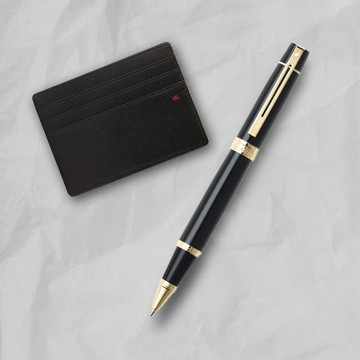 【SHEAFFER】300系列黑桿金夾鋼珠筆+經典卡夾禮盒 免費刻字