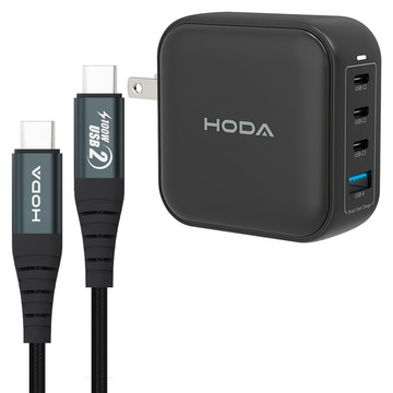 HODA 好貼 GaN氮化鎵100W智慧方型四孔電源供應器 附充電線  黑色  1組