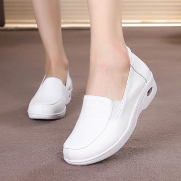 氣墊護士鞋女真皮坡跟防滑軟底透氣白色單鞋厚底舒輕便不累腳