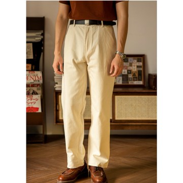 工裝褲 畫家褲 休閒褲 中高腰寬鬆直筒 米白色 粗竹節斜紋布料