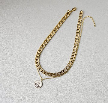 層次感黃銅復古金幣鏤空雙鍊混搭