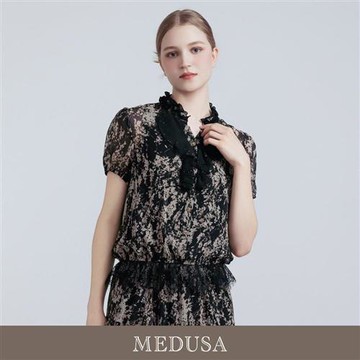 現貨【MEDUSA 曼度莎】宮廷感印花雪紡蕾絲上衣（M-XL）｜女短袖上衣 蕾絲設計 雪紡上衣