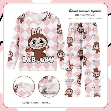 春秋長袖薄款男女童睡衣兒童卡通中大童小孩labubu拉布布家居套裝