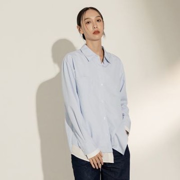 OB嚴選中大尺碼-男女共穿．細直紋假兩件質感襯衫《AB18937》