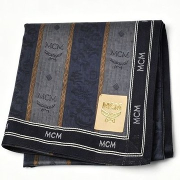 MCM 經典品牌字母LOGO印花灰藍直紋圖騰滾邊帕領巾(49CM)