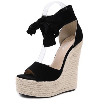 【Sp house】性感女神草編織坡跟超高跟涼鞋(黑色)