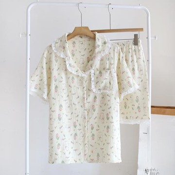 新款睡衣女夏季梭織純棉紗布套裝女士可愛甜美短袖短褲家居服夏天