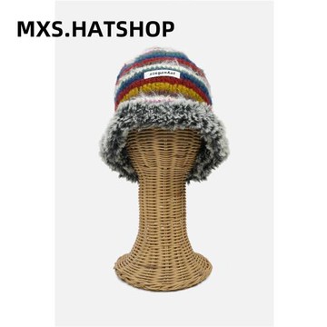 日系小眾古著混色針織毛絨帽時尚秋冬保暖百搭冷帽女顯臉小毛線帽