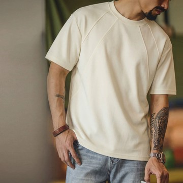 Wuluwear 美式雙面棉解構短袖T恤男夏季素色拼接挺括上衣通勤休閒圓領體恤